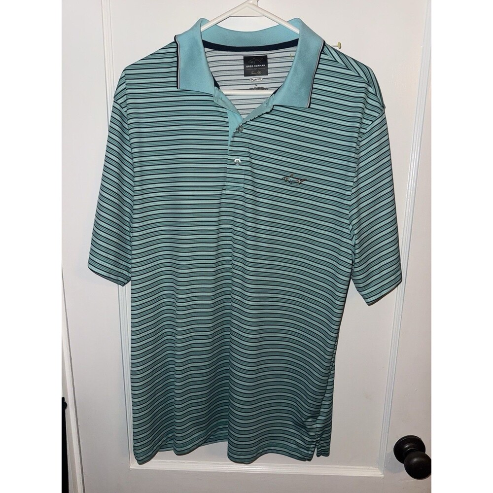 Greg Norman Mens L Blue Striped Short Sleeve Polo Golf Shirt
